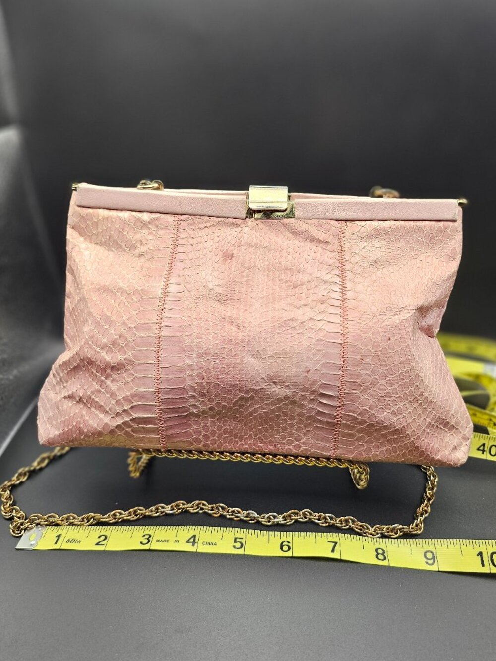 Palizzio Vintage Pink Snakeskin Clutch – 1970s/80s – Gold Chain Shoulder Strap